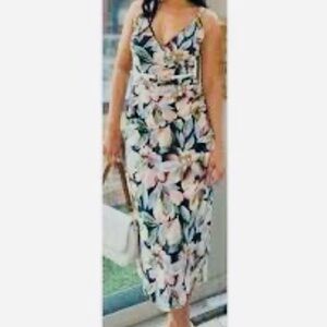 Joie Floral Midi Dress spaghetti strap v neck ruched on side Women size Medium